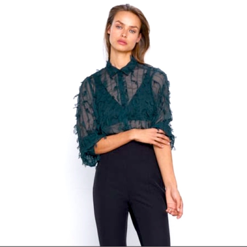 Zara Sheer Teal Blue Green Fringe V-Neck Blouse Button Up XS